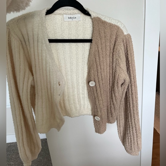 Knitted V Neck Cardigan Brown + Cream - Picture 3 of 9
